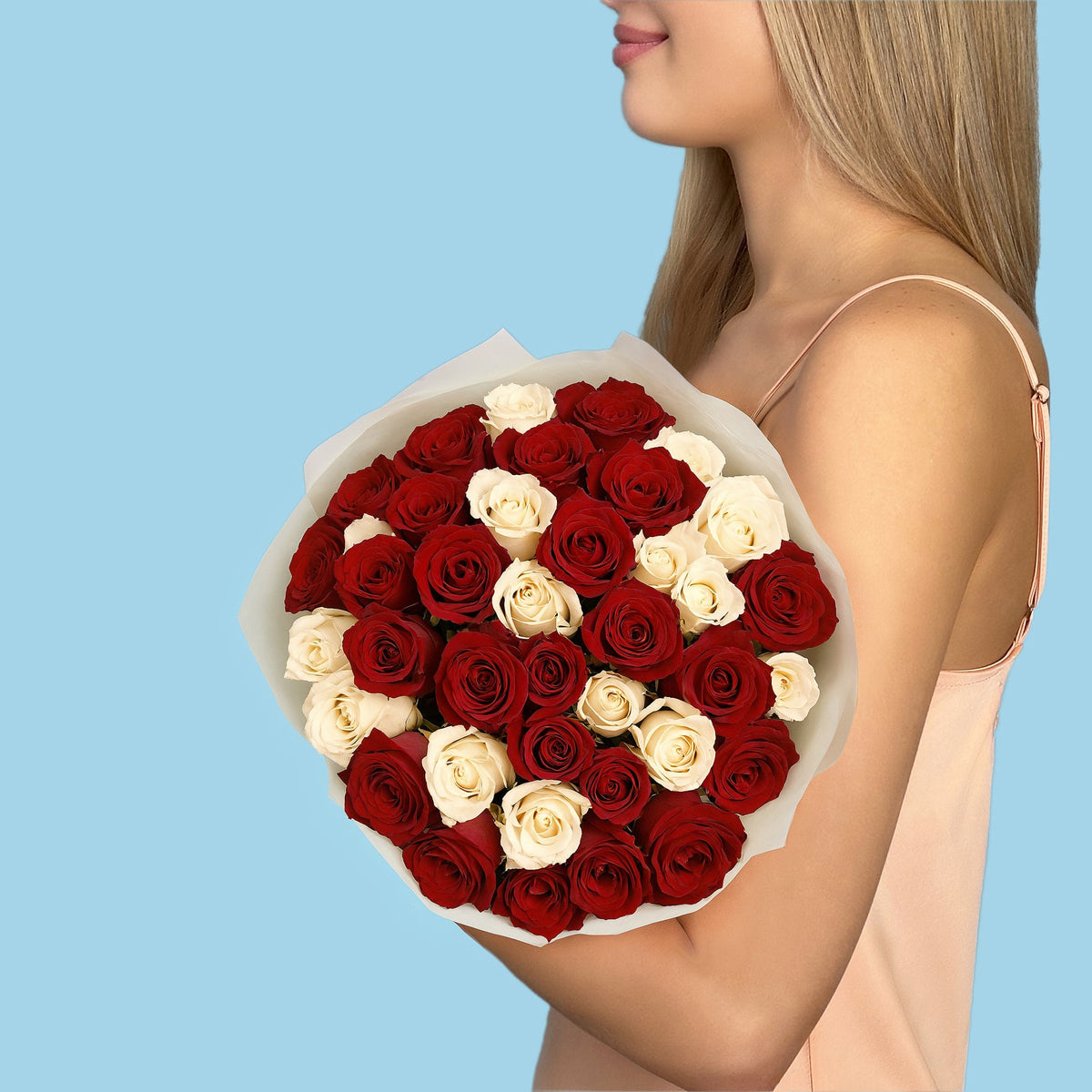 Bouquet of 30 White and Red roses #2